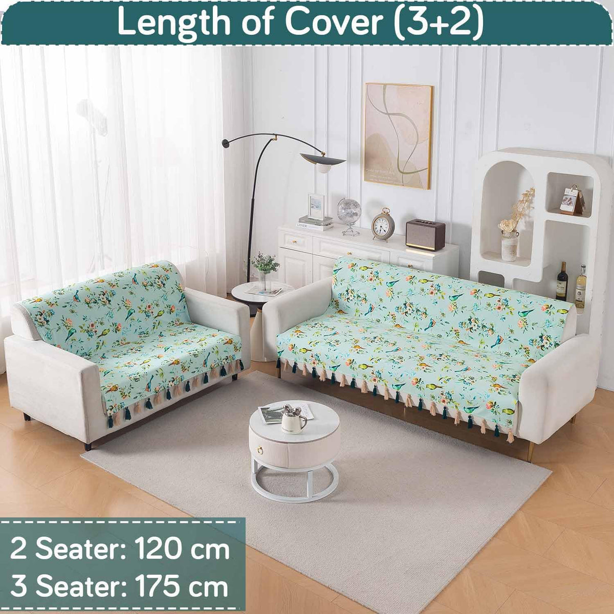 'Whispers of Nature' Series Holland Velvet Sofa Cover with Tassel, Mint Birdsong Blossom