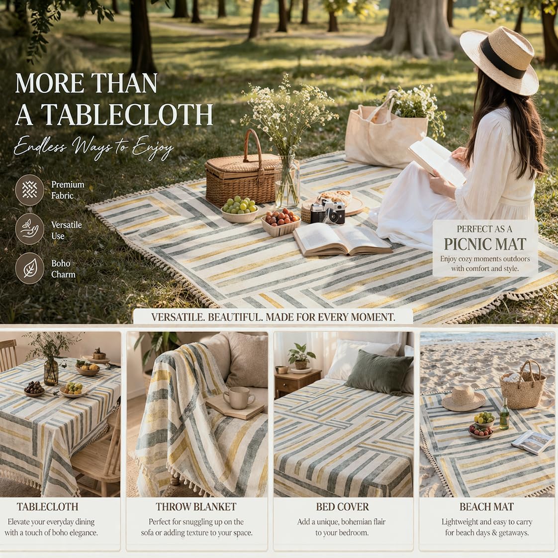 HOKIPO ShieldQuilt Table Cloth with Tassel Edge for 4/6 Seater, Geometric Mustard - image 6