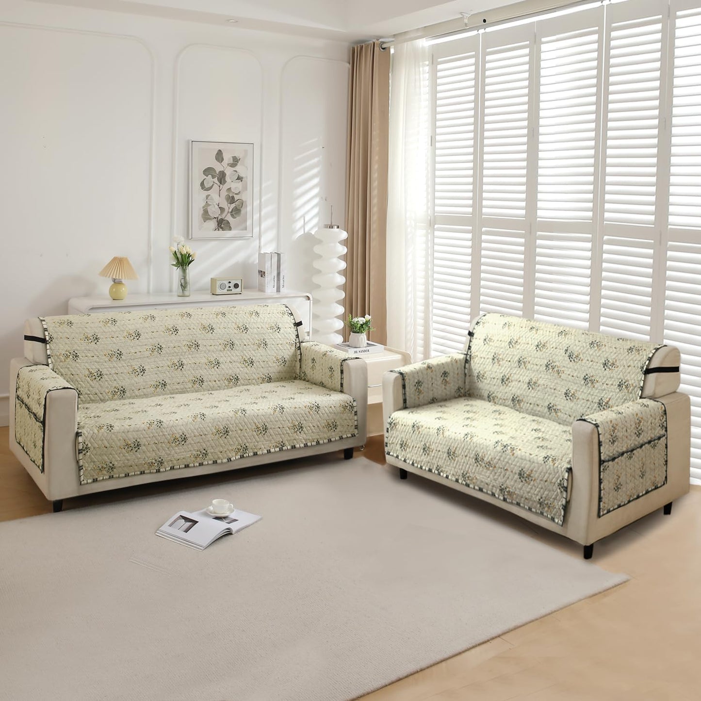 Light Green Ash Gypsy Floral  Printed quilted 3+2 seater sofa set