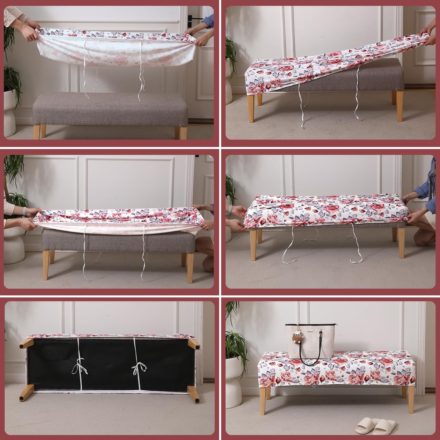 Premium Printed Velvet Stretchable Dining Bench Slipcover, Red Cottage Rose