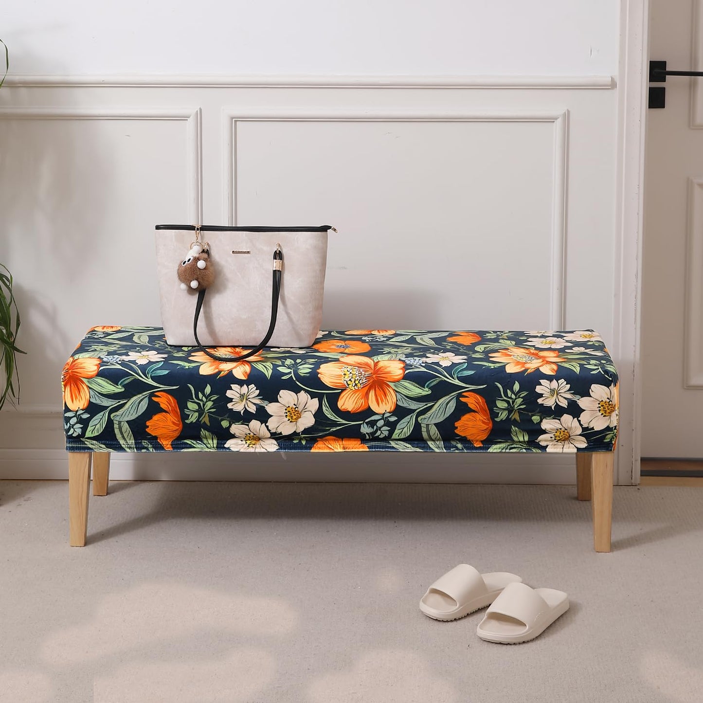 Premium Printed Velvet Dining Bench Cover, Teal Twilight Garden