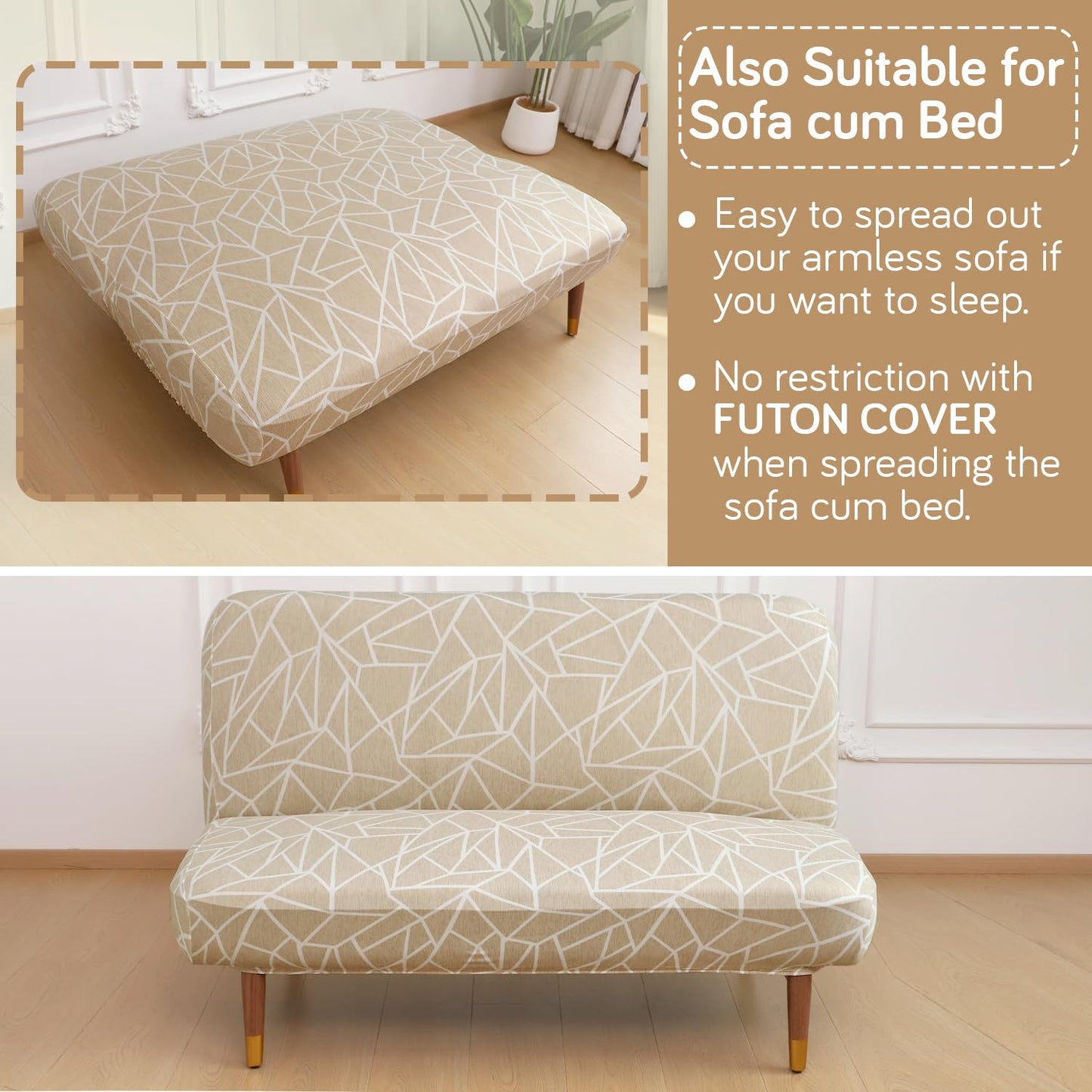 Elira Series Stretchable Elastic  Armless Sofa Cover – 140 GSM, Futon Slipcover, Easy Fit, Beige Abstract Geometry