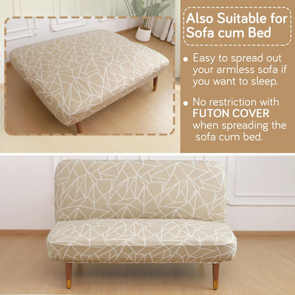 Elira Series Stretchable Elastic  Armless Sofa Cover – 140 GSM, Futon Slipcover, Easy Fit, Beige Abstract Geometry