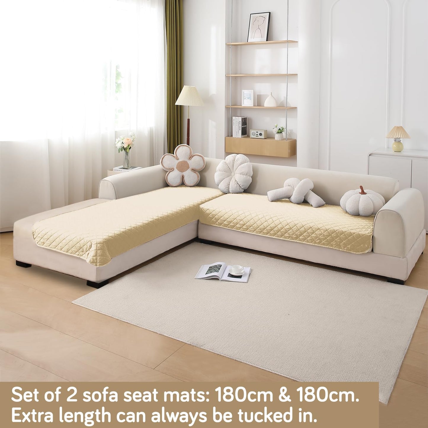 HOKIPO Waterproof Quilted Quick Dry L Shape Sofa Seat Cover Mat, Beige