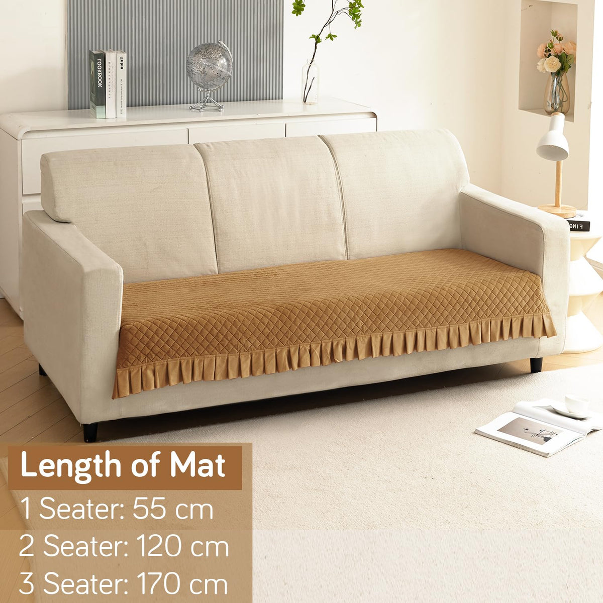 Holland Velvet Sofa Cover Seat Mat with Frill for 1/2/3 - Seater, Gold