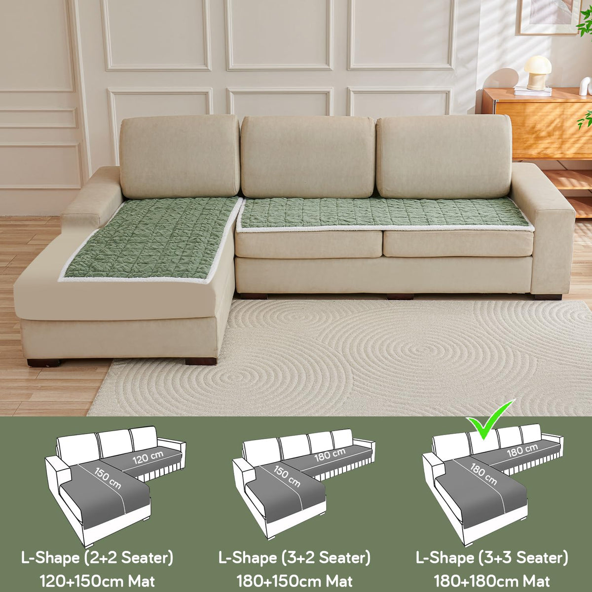 Sage Green Italian Caelora Luxury Jacquard Plush L Shape Sofa Mat | HOKIPO