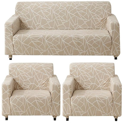 Elastic Stretchable Printed 140gsm Fully Covered Sofa Cover, Beige Abstract Geometry