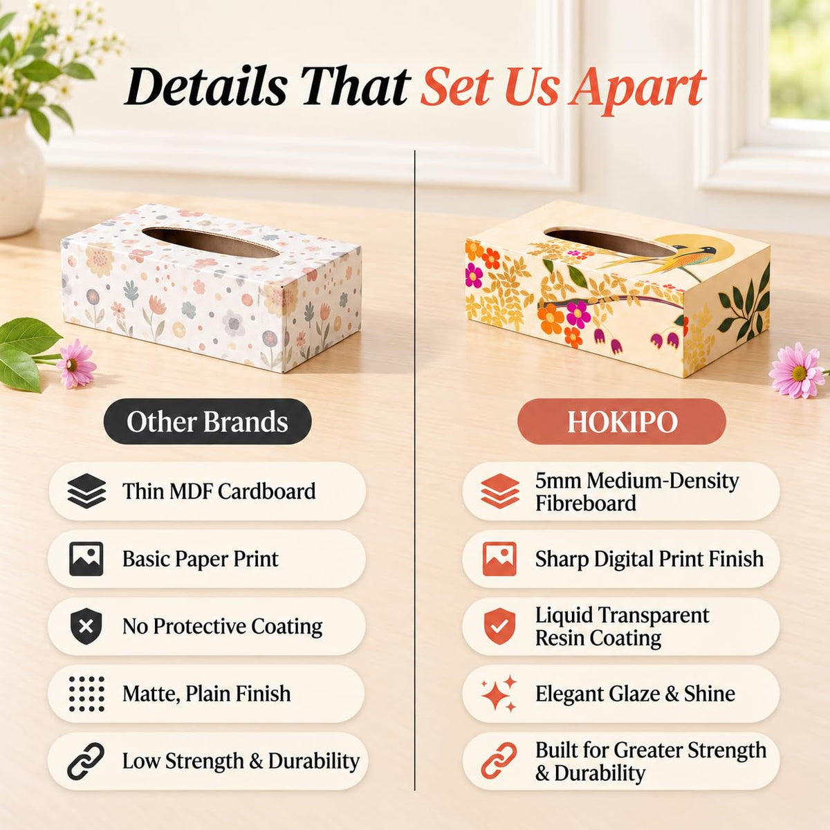 HOKIPO Tissue Box Holder, Rectangle, Engineered Wood, Sunhere Parinday - image 3
