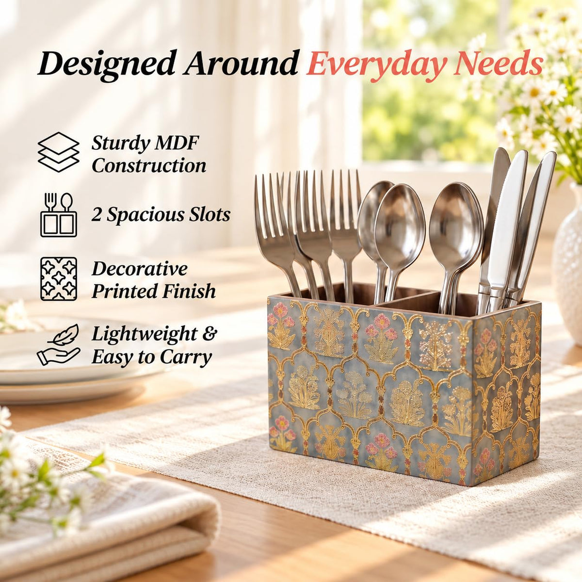 HOKIPO Cutlery Holder for Dining Table, Engineered Wood, Shahi Gulnaar - image 8