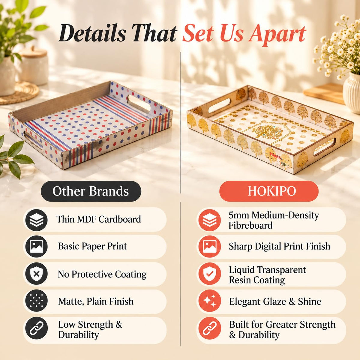 HOKIPO Serving Tray Set of 3, Engineered Wood, Swarna Vriksha - image 4