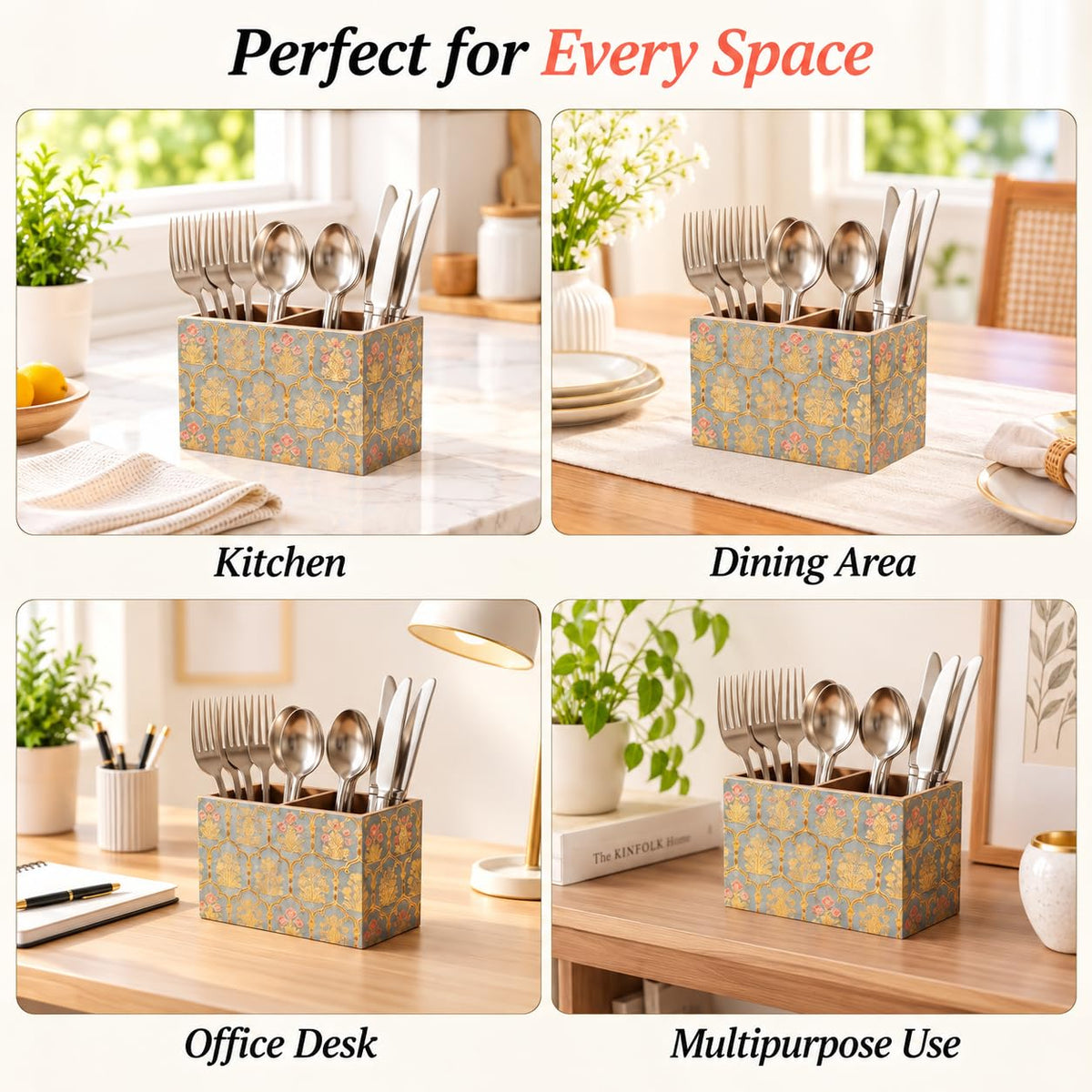 HOKIPO Cutlery Holder for Dining Table, Engineered Wood, Shahi Gulnaar - image 4