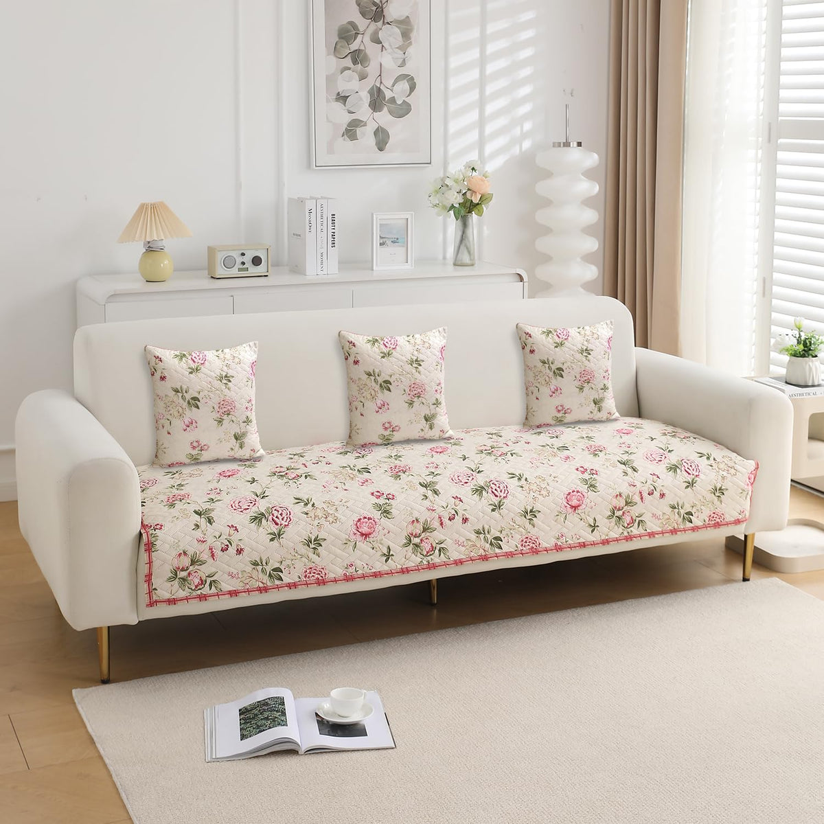 Quilted Printed Sofa Cover with Pockets, Beige Peonies