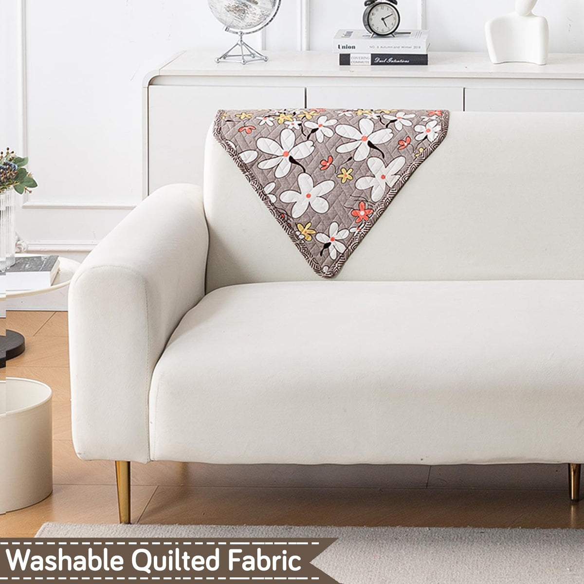 'Homehues' Printed Quilted Sofa Cover Mats, Pastel Brown Sandwort Flower