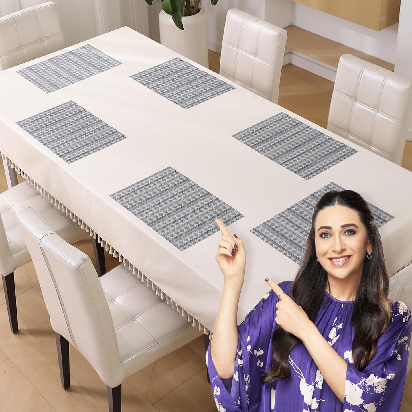 HOKIPO PVC Dining Table Mats and Runner Set of 4/6, Cool Grey Rhombus