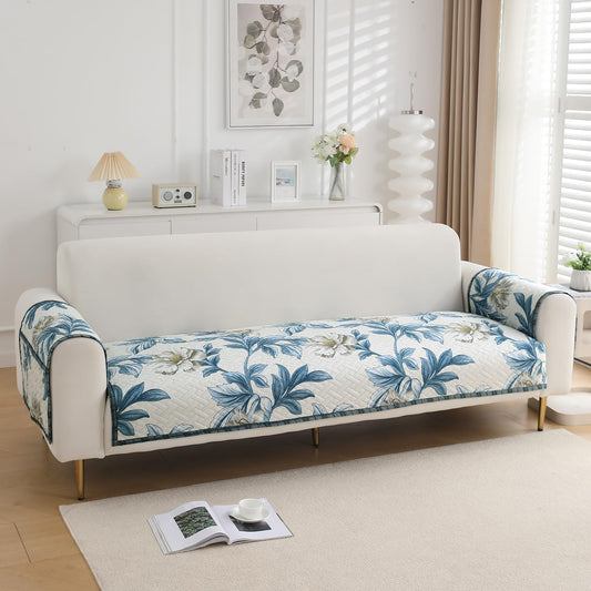 Quilted Sofa Seat Mat for 1/2/3 Seater with 2 Armrest Covers with Pockets, Celadon Blue Camellia