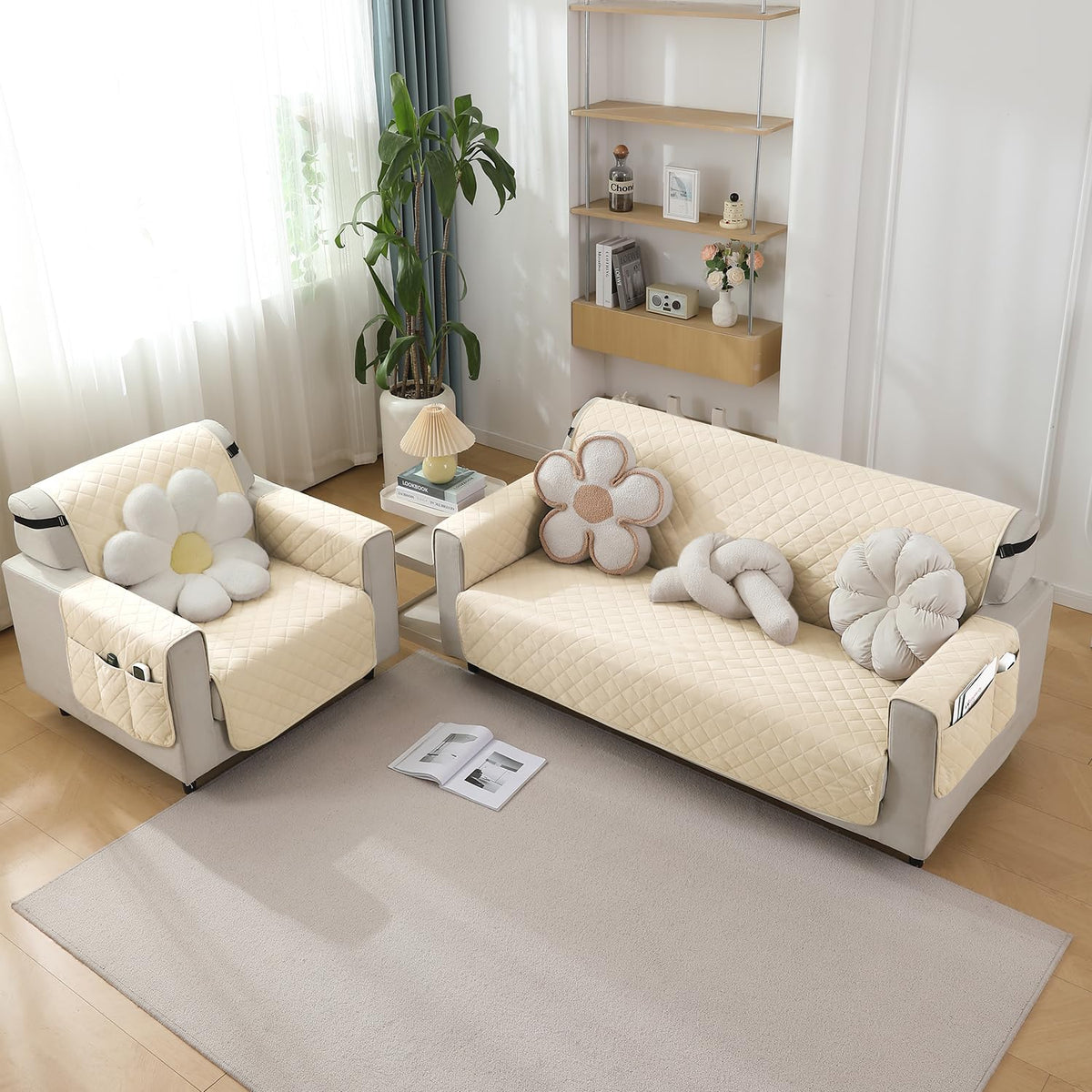 Cream quilted waterproof sofa cover set with side pockets on armrest, fitted on 1 seater and 2 seater sofas