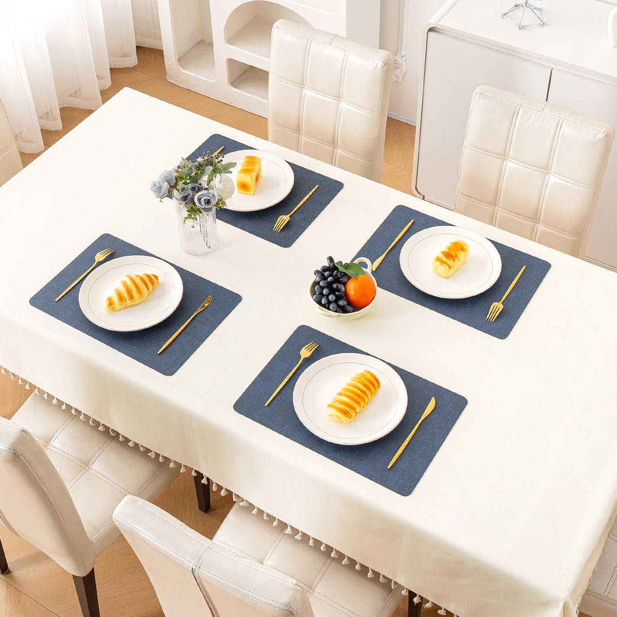 Modern Weaves Royal Luxe Faux Leather Mats for Dining Table - Navy Blue