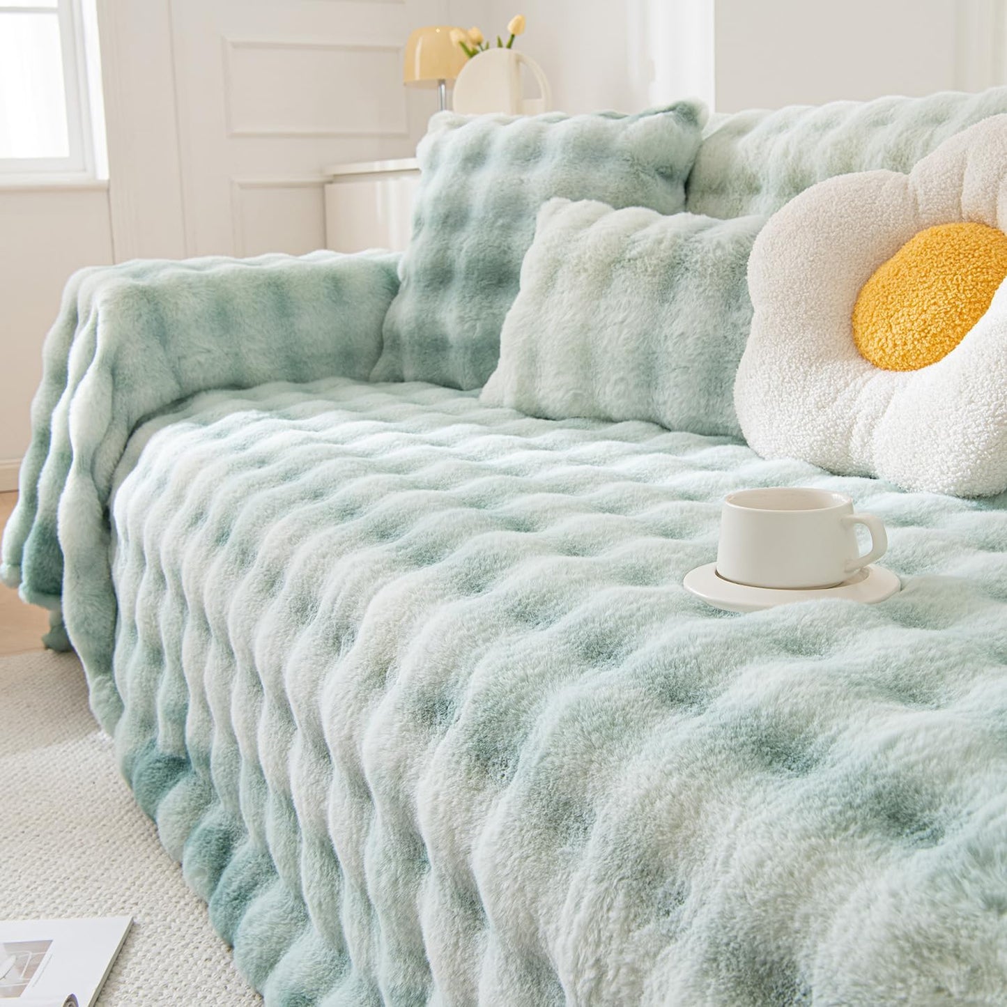 Premium Gradient Faux Rabbit Wool Sofa Throw Fluffy Sofa Cover, Green