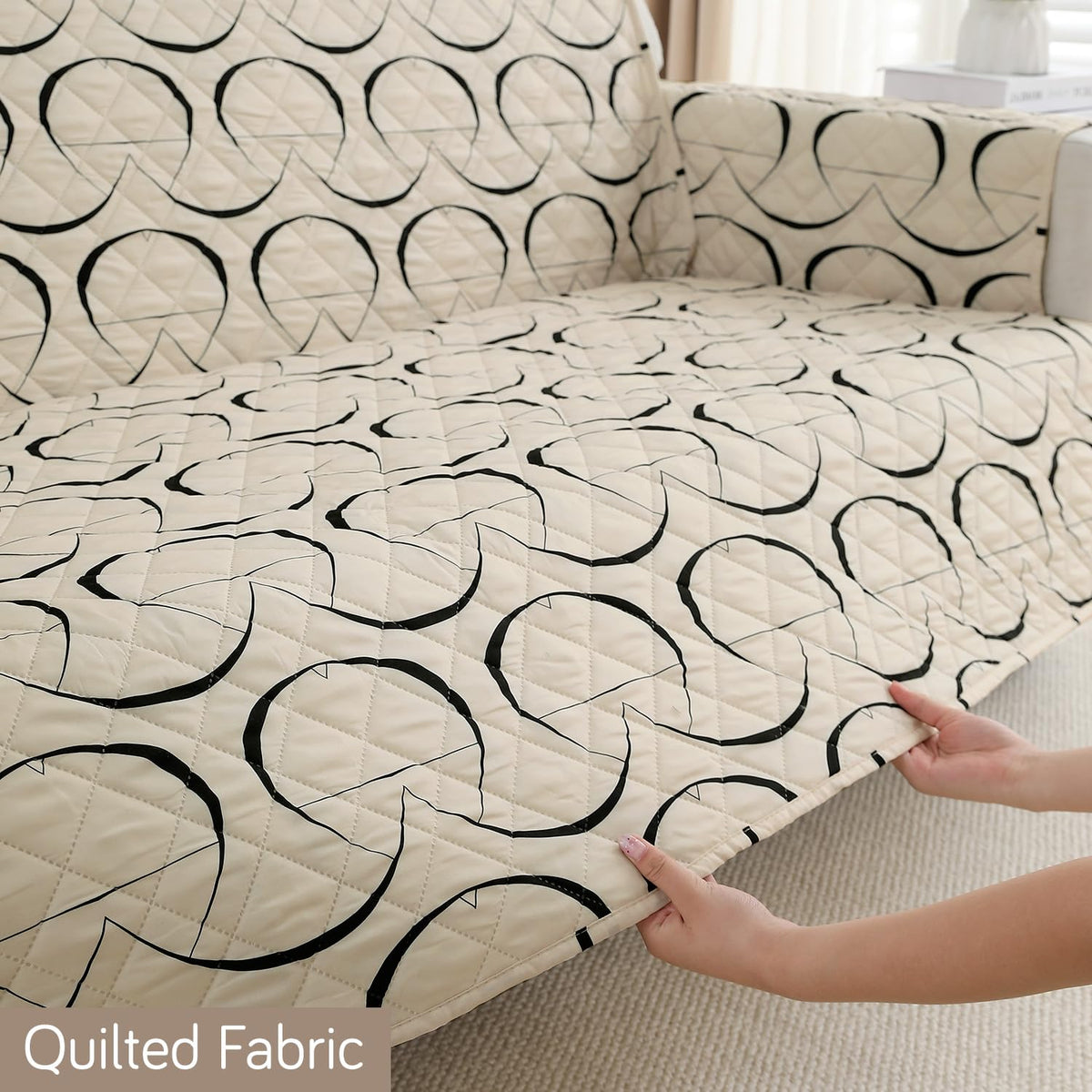Waterproof Printed Quilted Quick Dry L Shape Sofa Seat Cover Mat, Natural Beige Abstract Art