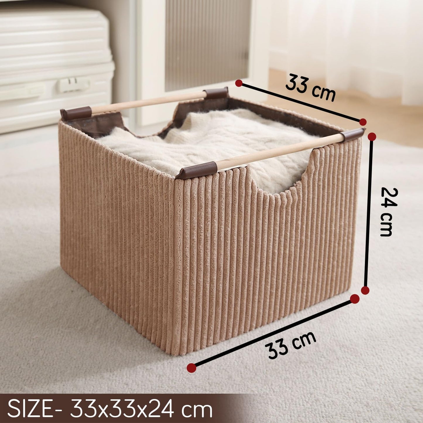 Premium Foldable Storage Bin with Wooden Handles | Corduroy Fabric Organizer Box for Wardrobe, Books, Clothes & Misc Items, Camel