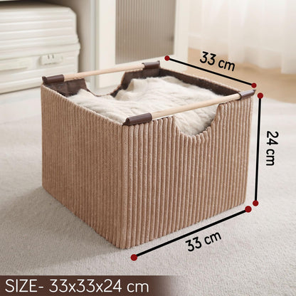 Premium Foldable Storage Bin with Wooden Handles | Corduroy Fabric Organizer Box for Wardrobe, Books, Clothes & Misc Items, Camel