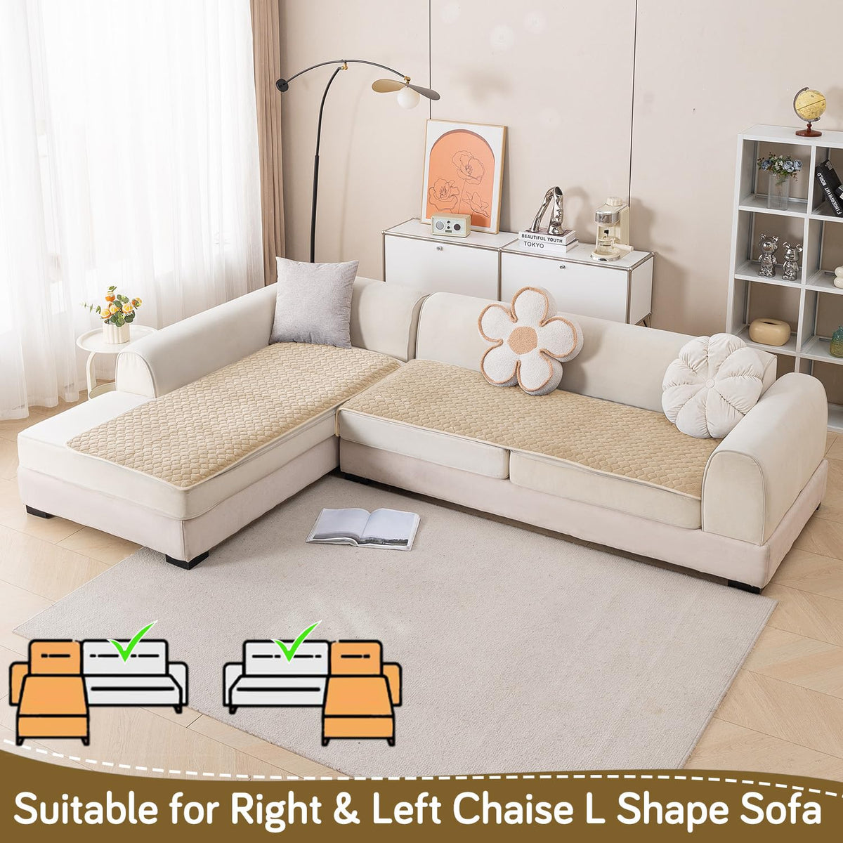 Diamond Plush Premium Quilted L Shape Sofa Cover Seat Mat, Beige