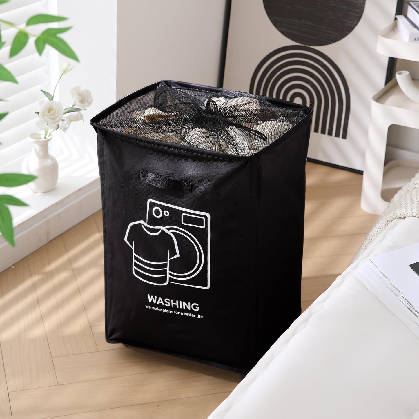 Laundry Basket Bag with Wheels Hamper, Black
