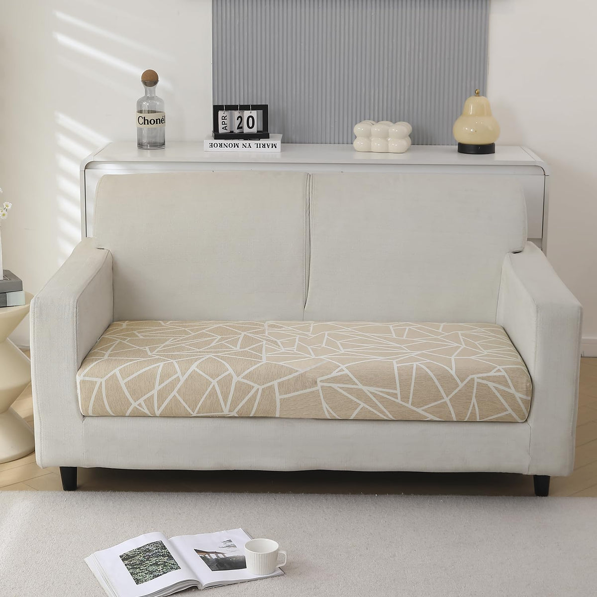 140 GSM Stretchable Printed Elastic Sofa Cushion Seat Cover for 1 /2 /3 Seaters / Pieces for Sofa, Beige Abstract Geometry