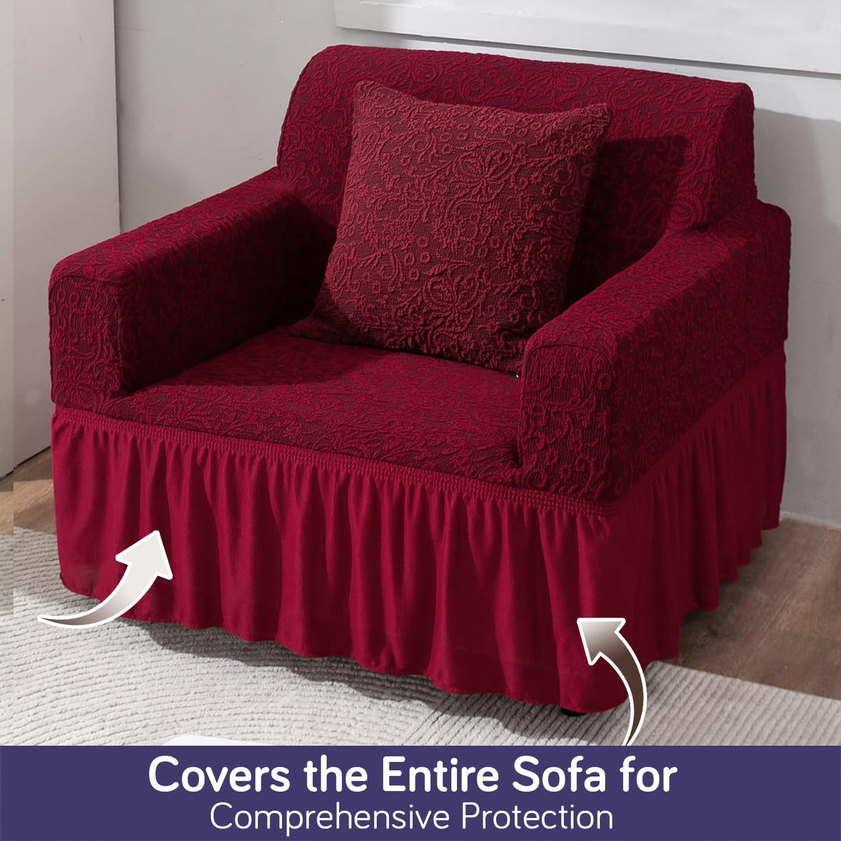Elastic Stretchable Designer Woven Jacquard Sofa Cover with Frill, Wine Red