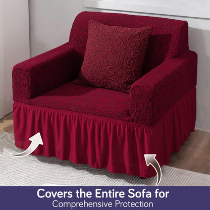 Elastic Stretchable Designer Woven Jacquard Sofa Cover with Frill, Wine Red