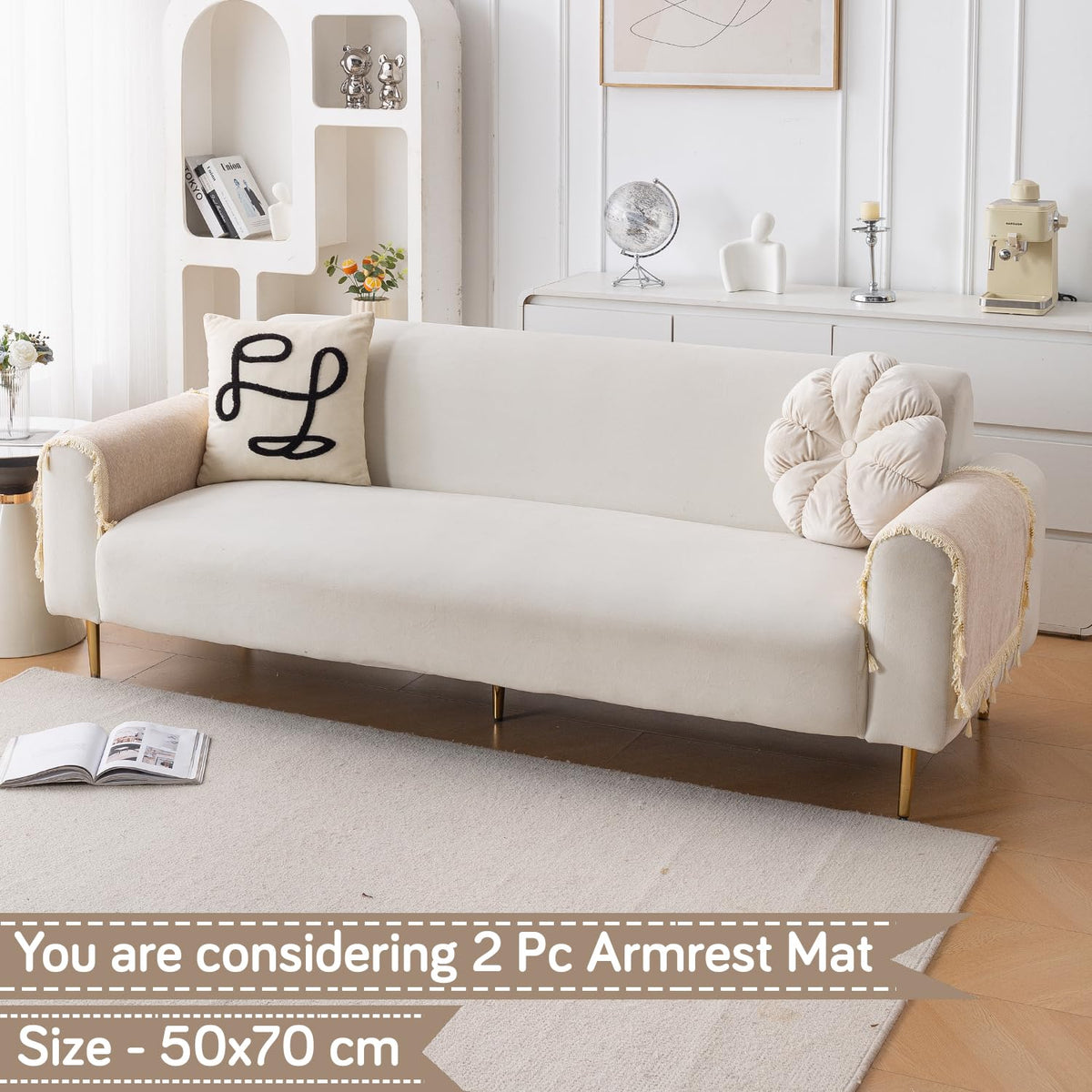 Serenity Tassel Chenille Sofa Cover with Tassel – Ivory Fringe