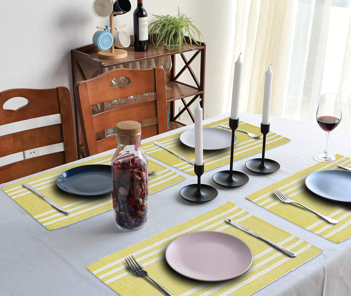 Ribbed Cotton Heat Resistant Dining Table Mat, Yellow Striped