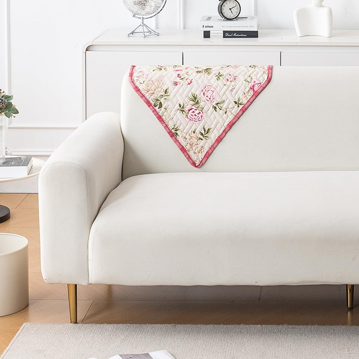'Homehues' Printed Quilted Sofa Cover Mats, Beige Peonies