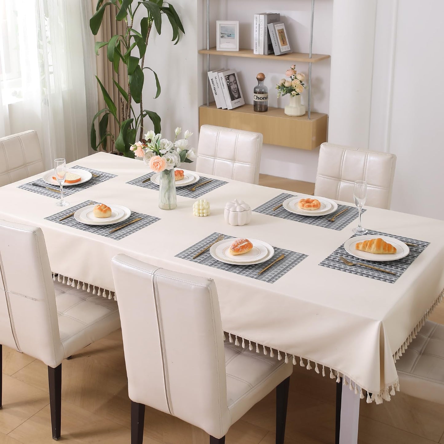HOKIPO PVC Dining Table Mats and Runner Set of 4/6, Cool Grey Rhombus