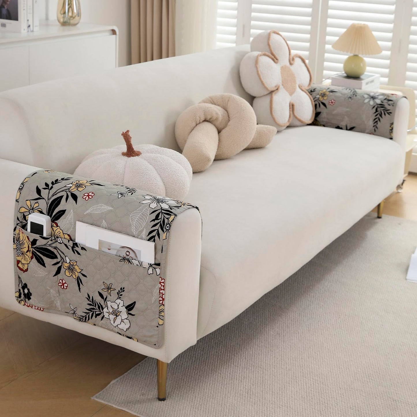 Polyester Printed Quilted Sofa Cover Mats, Floral Ash Grey