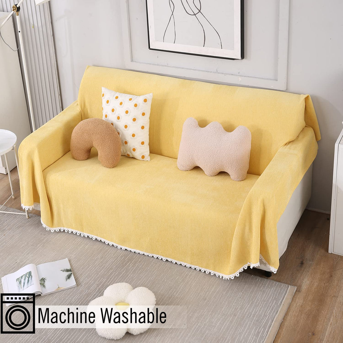 Yellow colour chenille sofa throws in size 180(D)x180(L) for one seater, 180(D)x230(L) for two seater, 180(D)x300(L) for 3 seater
