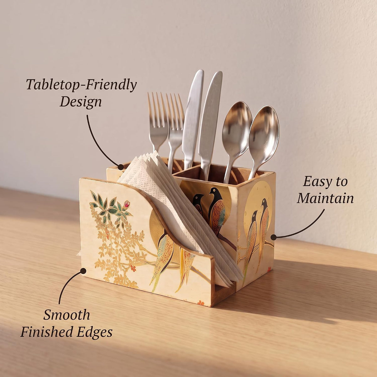 HOKIPO Cutlery Holder with Napkin Stand, Engineered Wood, Sunhere Parinday - image 3