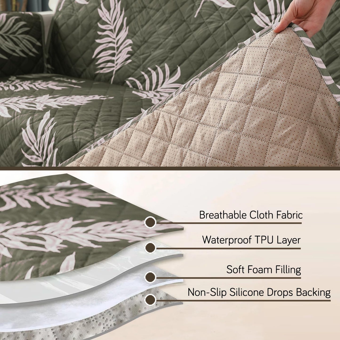 Quilted Waterproof Sofa Cover Mat with Pockets on Armrest Cover - Palm Leaves Olive