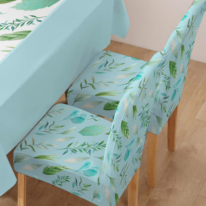 Polyester Dining Chair Covers Set of 4/6 with Matching Tablecloth, Varied Leaves Rhine Blue