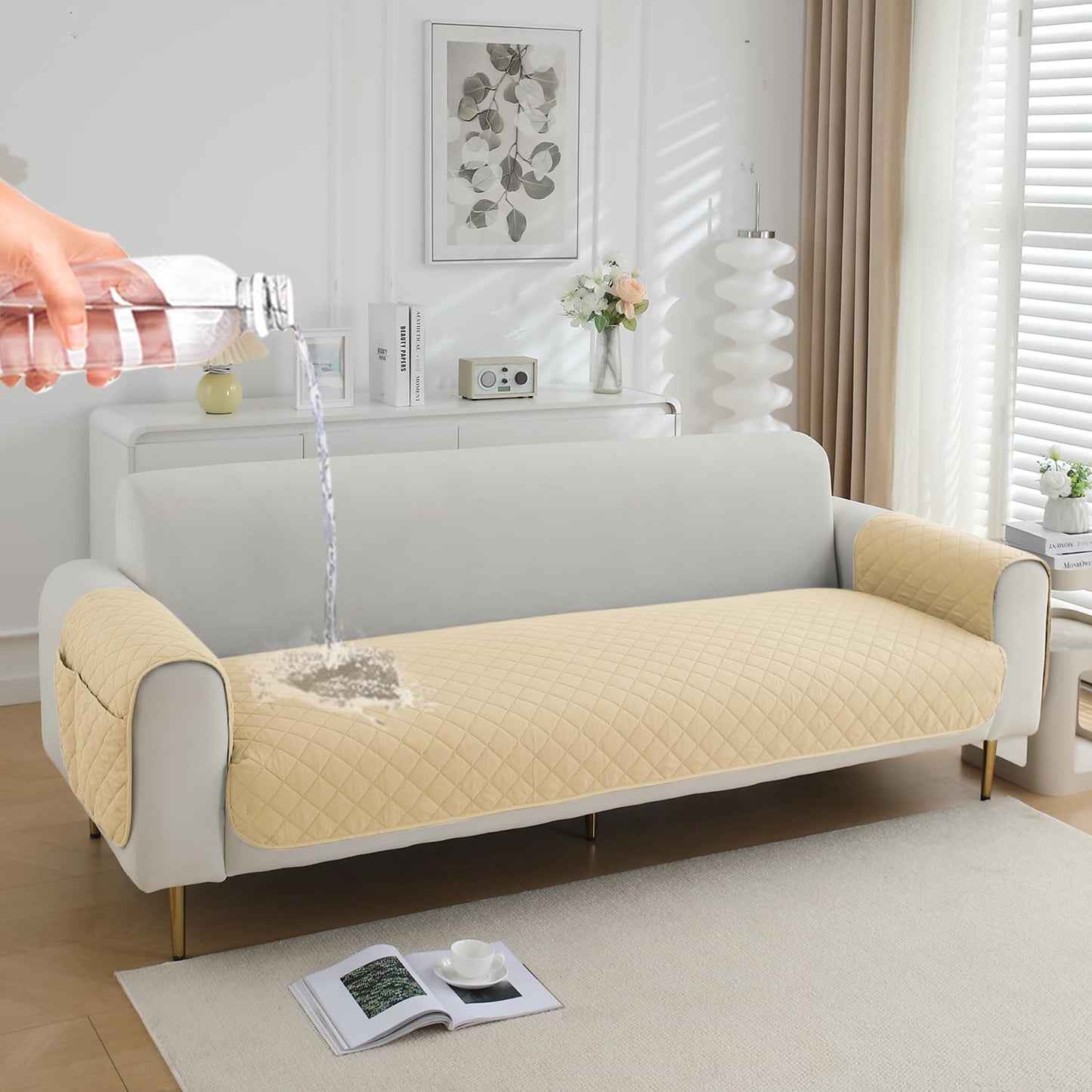 HOKIPO Quilted Waterproof Sofa Seat Mat with 2 Armrest Covers with Pockets, Beige