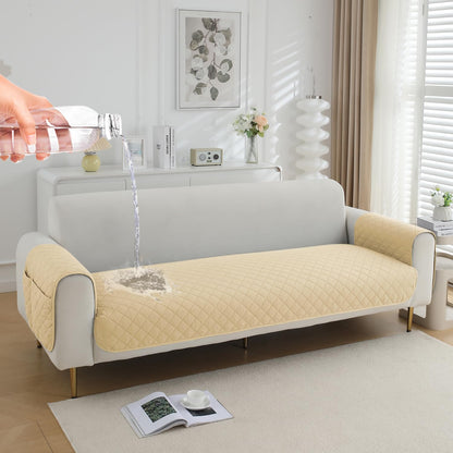 HOKIPO Quilted Waterproof Sofa Seat Mat with 2 Armrest Covers with Pockets, Beige
