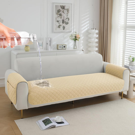 HOKIPO Quilted Waterproof Sofa Seat Mat with 2 Armrest Covers with Pockets, Beige