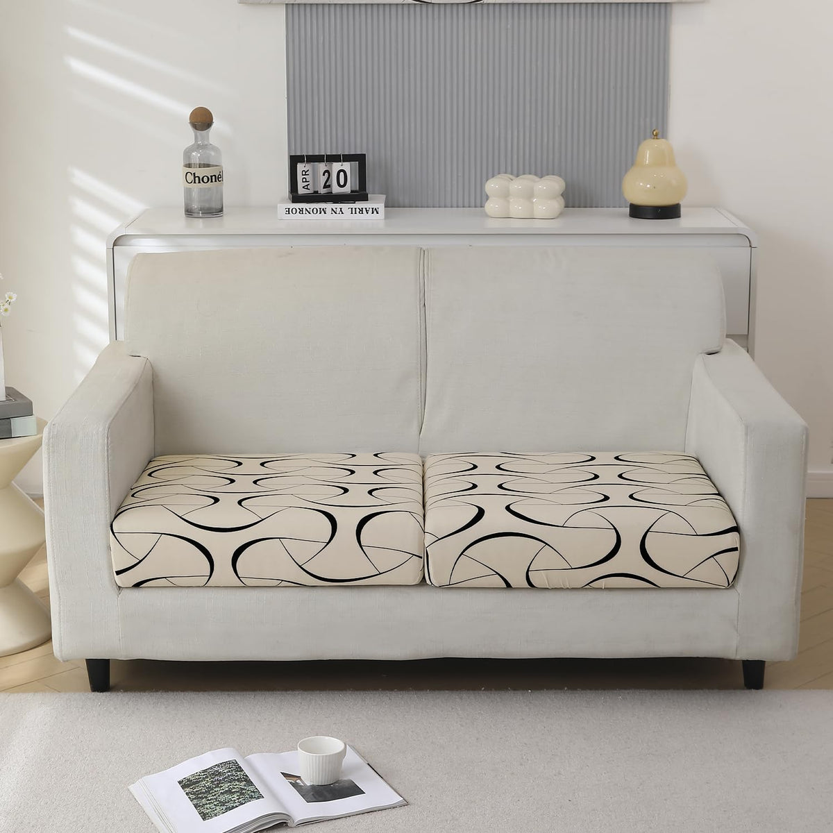 140 GSM Stretchable Printed Elastic Sofa Cushion Seat Cover for 1 /2 /3 Seaters / Pieces for Sofa, Natural Beige Abstract Art