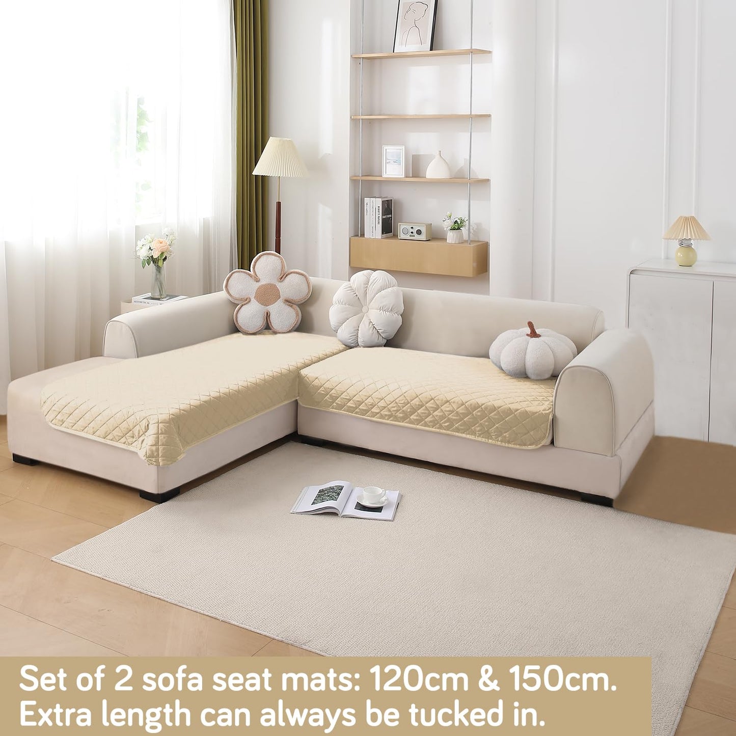HOKIPO Waterproof Quilted Quick Dry L Shape Sofa Seat Cover Mat, Beige