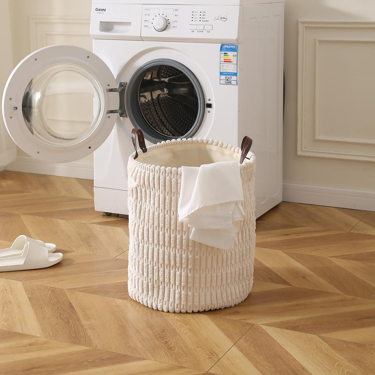 Folding Laundry Bag for Clothes Hamper Collapsible Storage Basket, Cream