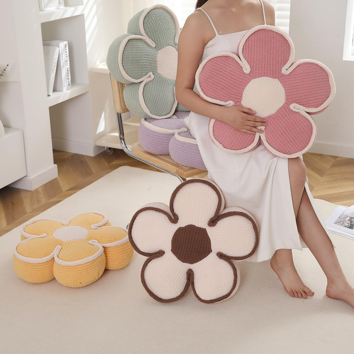 HOKIPO Plush Cotton Flower Cushion | Decorative Throw Pillow for Bed & Sofa - Baby Pink
