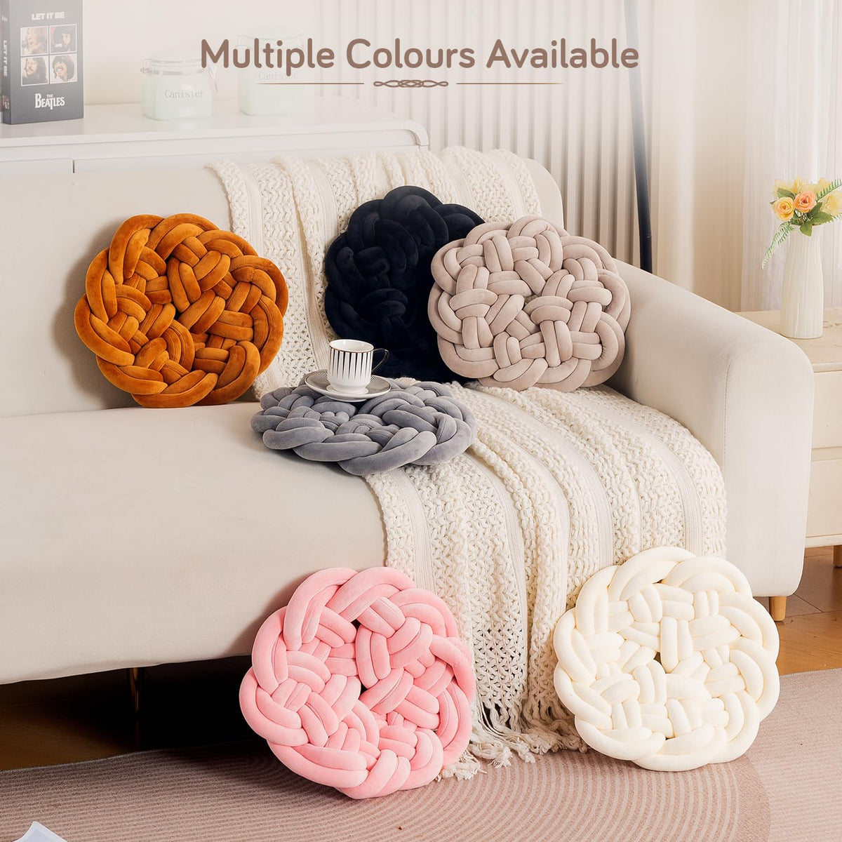 HOKIPO Round Braided Knot Cushion for Bed, Couch & Chair, 36 cm, White