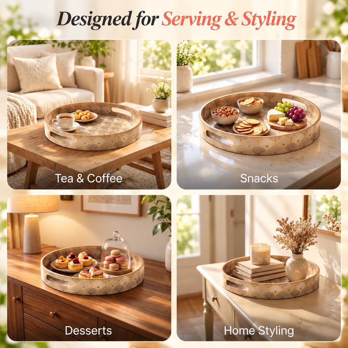 HOKIPO Round Serving Tray 12 in, Engineered Wood, Indigo Flora - image 5