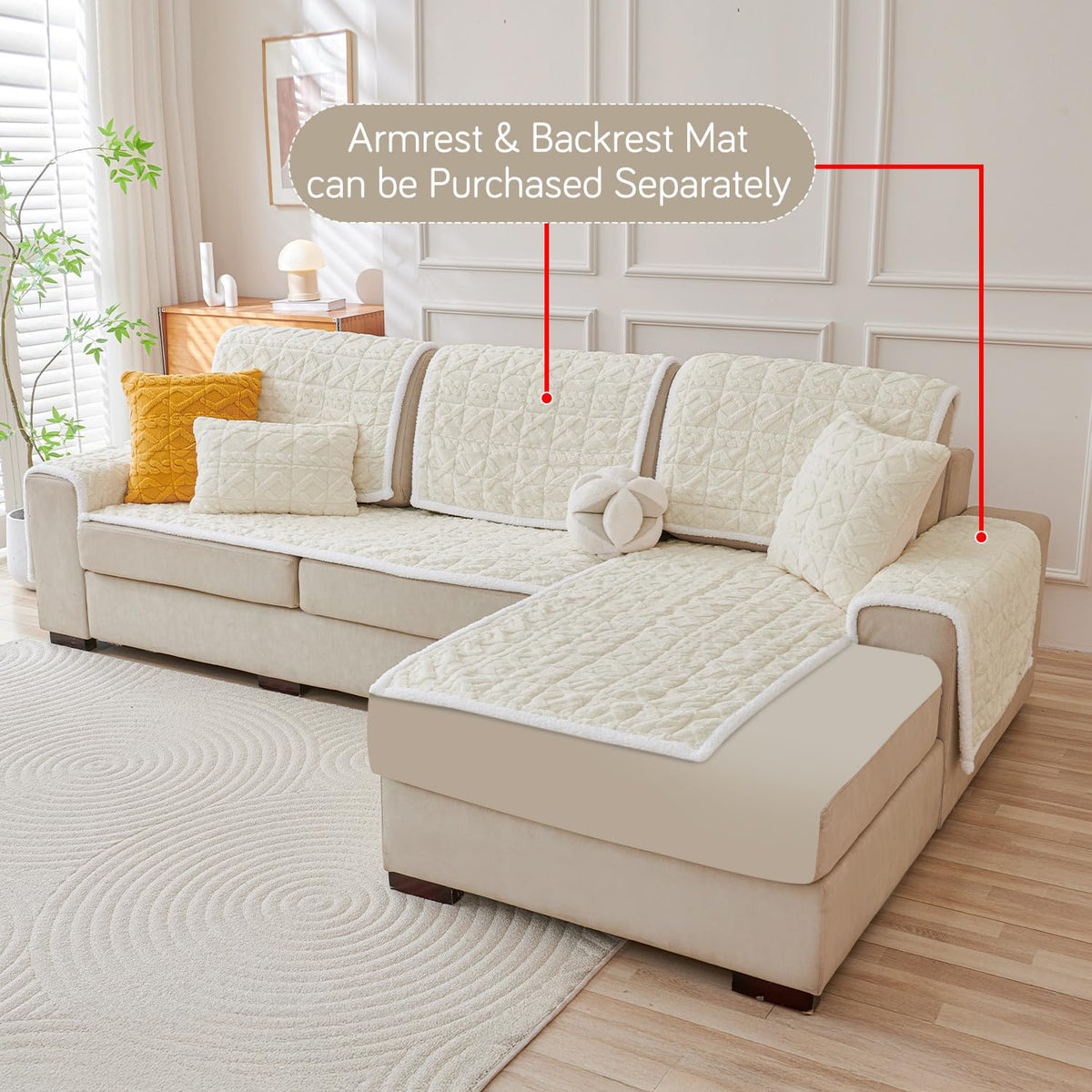 Italian Caelora Luxury Jacquard Plush L Shape Sofa Cover Seat Mat - Pearl White