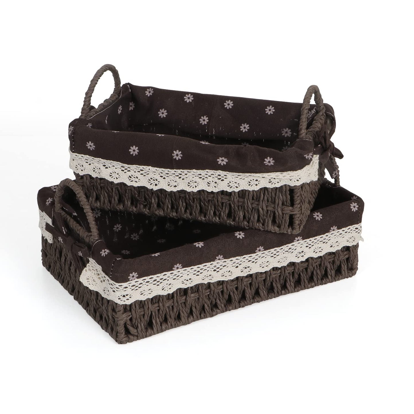 Environmental Friendly Paper Rope Wicker Storage Baskets with Handle, Pack of 2, Brown